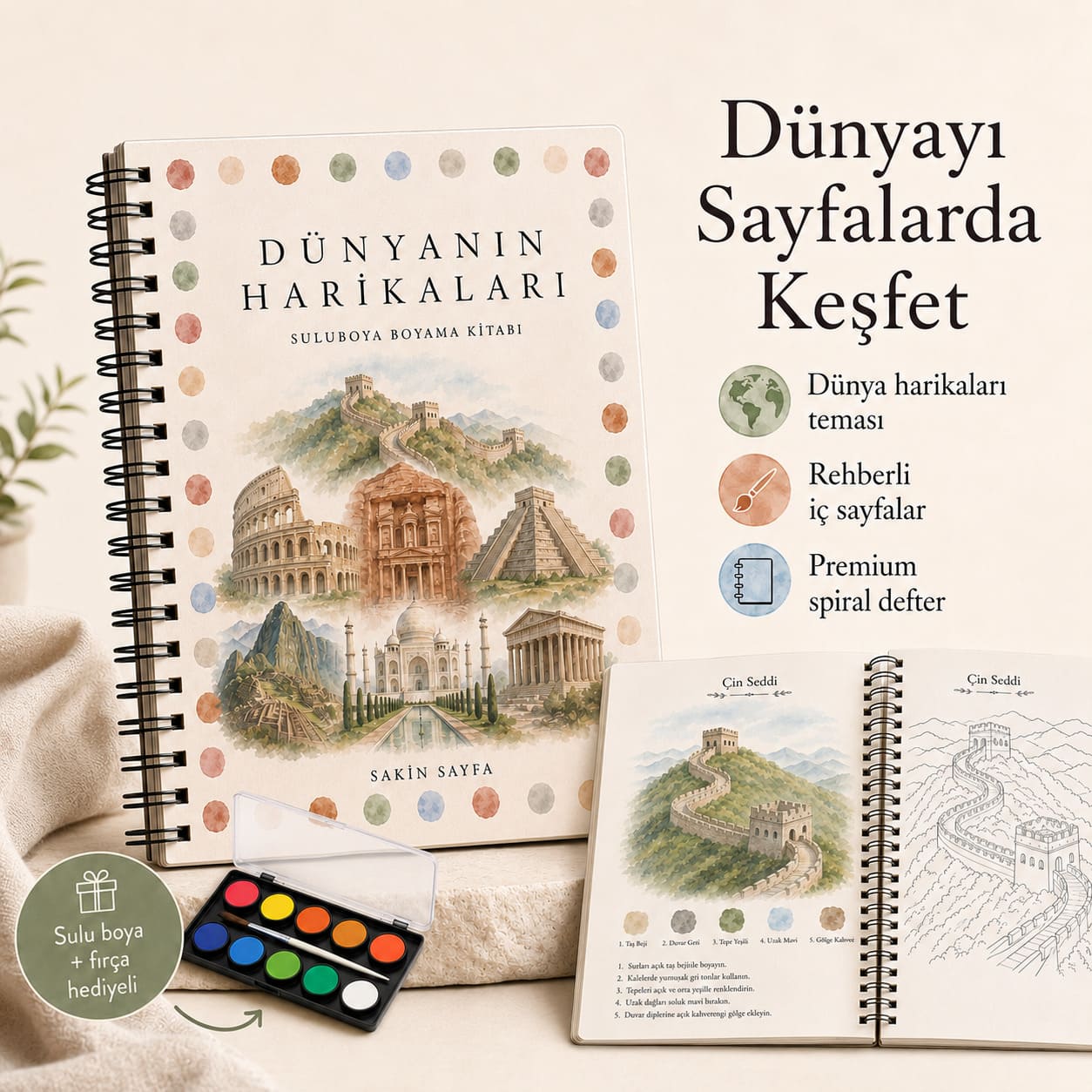 Dünya temalı rehberli sulu boya boyama kitabı seti