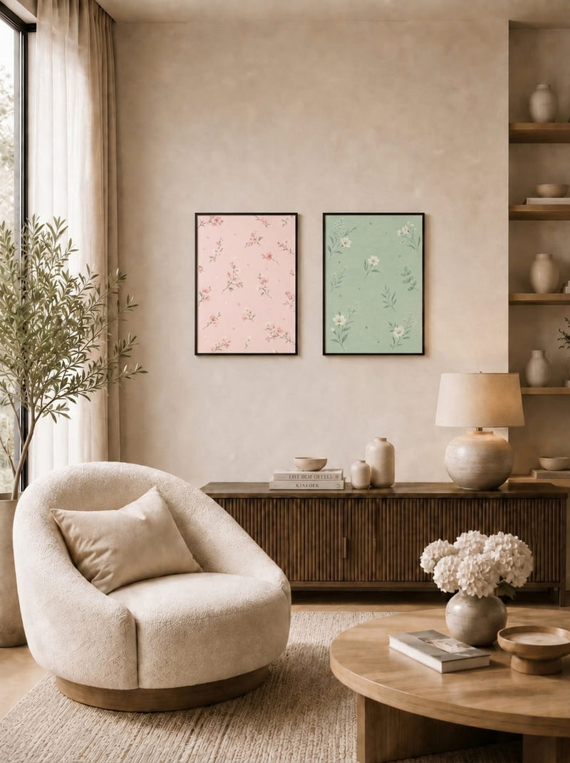 Pembe ve Yeşil Çiçek Motifli İkili Set Duvar Tablosu