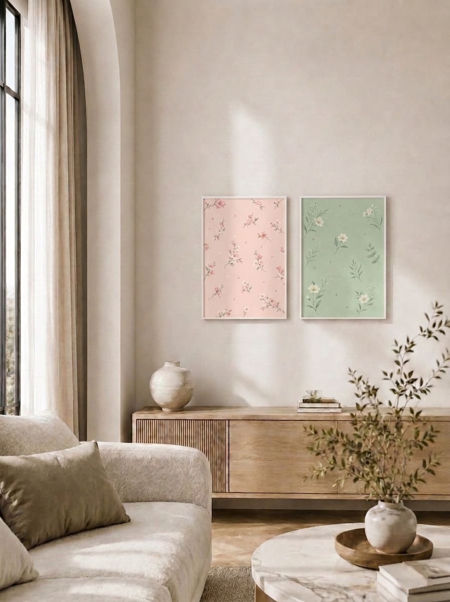 Pembe ve Yeşil Çiçek Motifli İkili Set Duvar Tablosu - 2