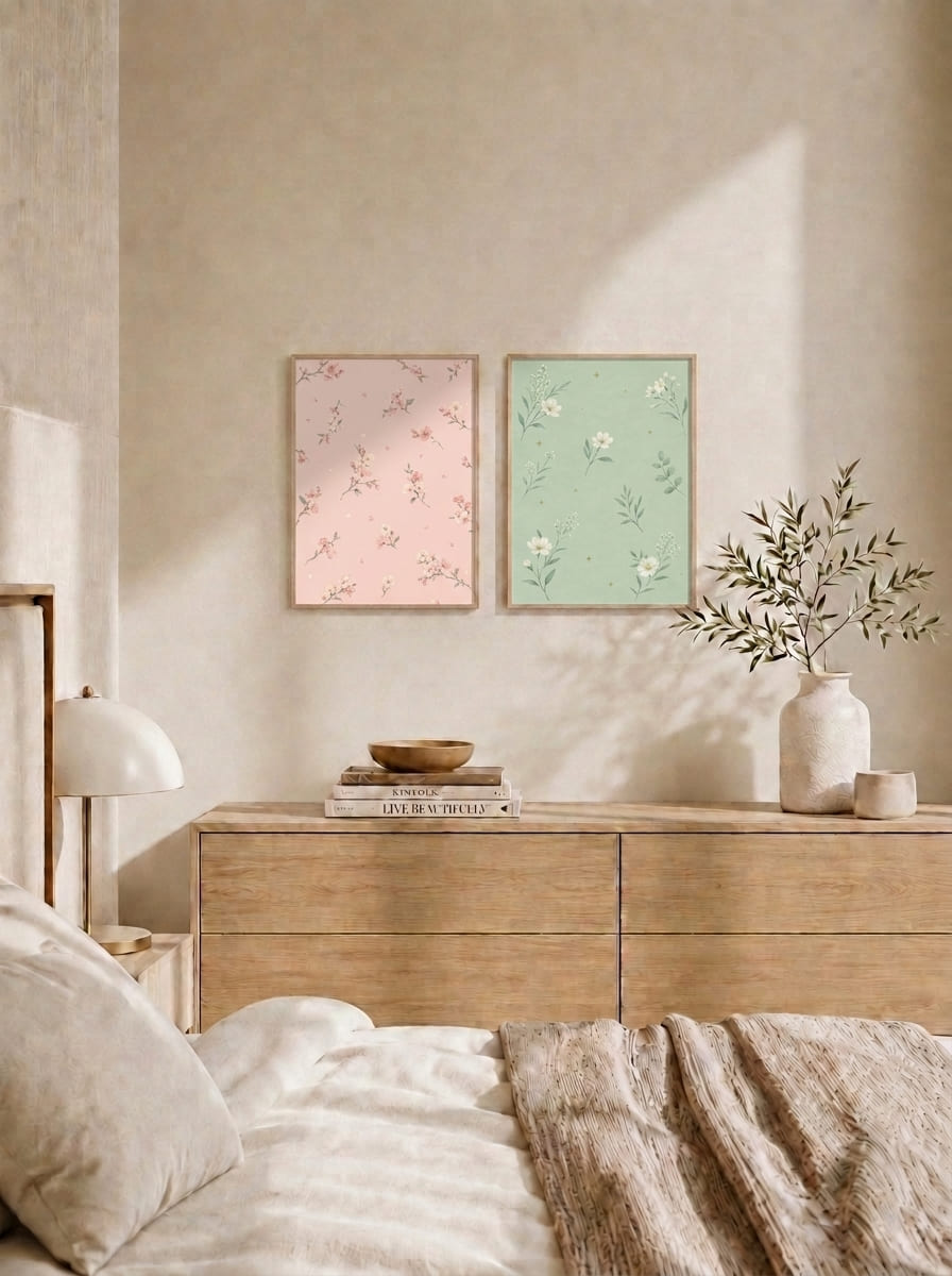 Pembe ve Yeşil Çiçek Motifli İkili Set Duvar Tablosu - 3