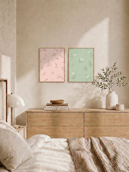 Pembe ve Yeşil Çiçek Motifli İkili Set Duvar Tablosu - 3