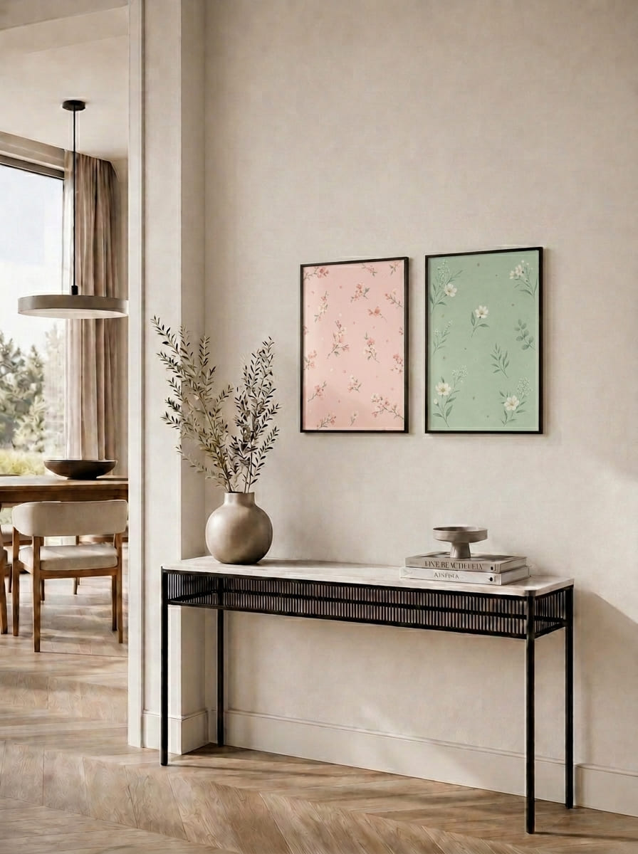 Pembe ve Yeşil Çiçek Motifli İkili Set Duvar Tablosu - 4