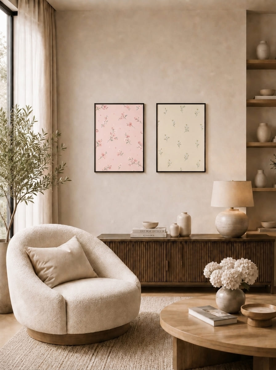 Pembe ve Krem Çiçek Motifli İkili Set Duvar Tablosu - 1