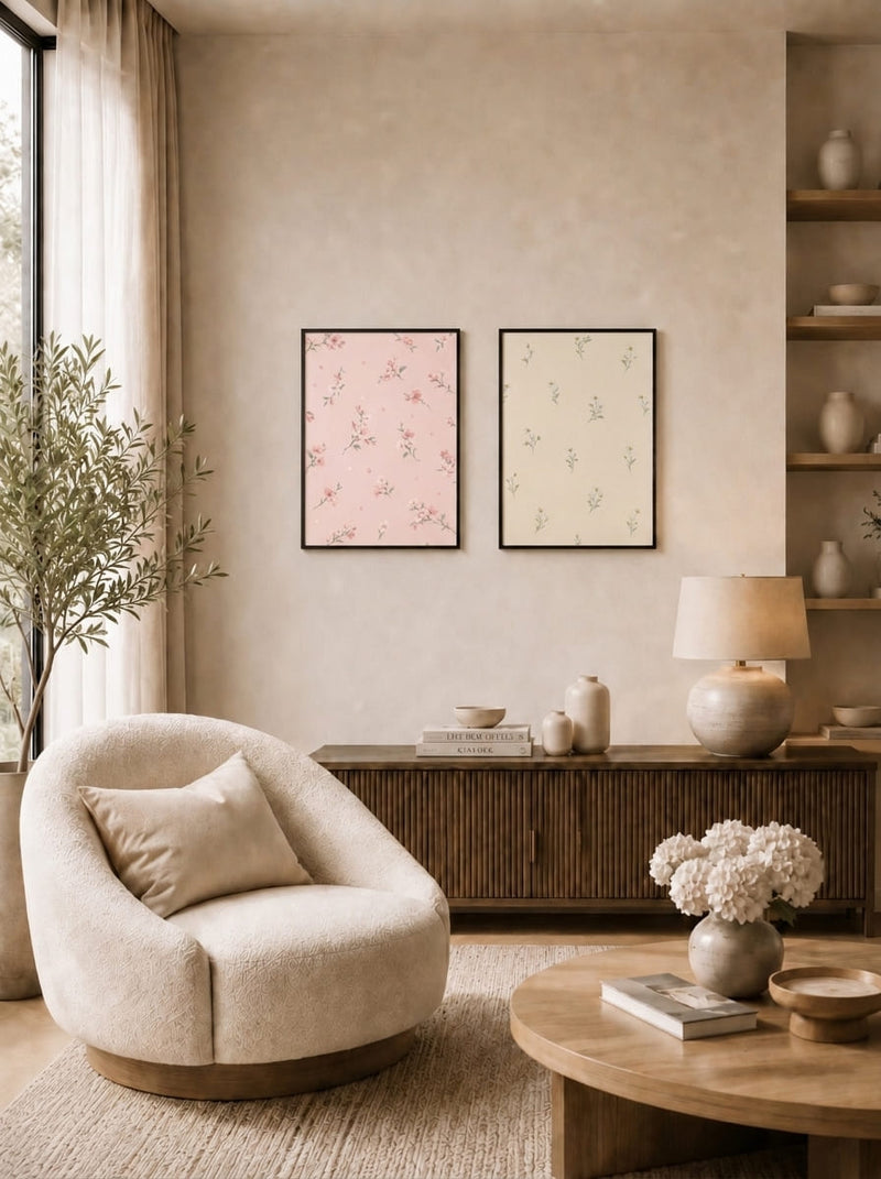 Pembe ve Krem Çiçek Motifli İkili Set Duvar Tablosu