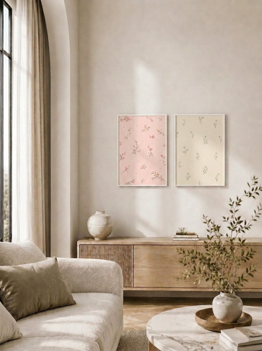 Pembe ve Krem Çiçek Motifli İkili Set Duvar Tablosu - 2