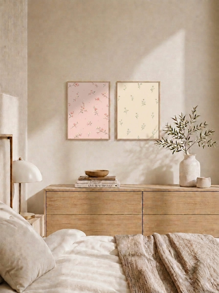 Pembe ve Krem Çiçek Motifli İkili Set Duvar Tablosu - 3