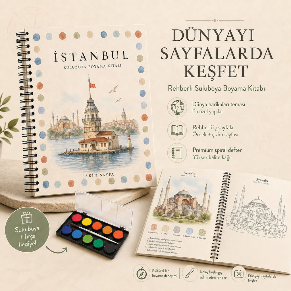Sakin Sayfa İstanbul temalı rehberli sulu boya boyama kitabı seti