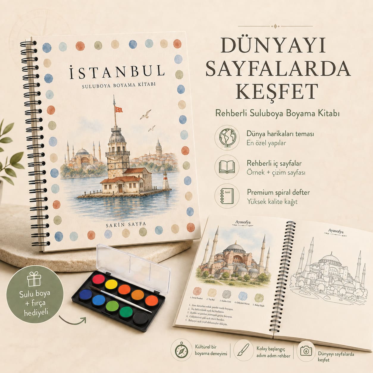 Sakin Sayfa İstanbul temalı rehberli sulu boya boyama kitabı seti