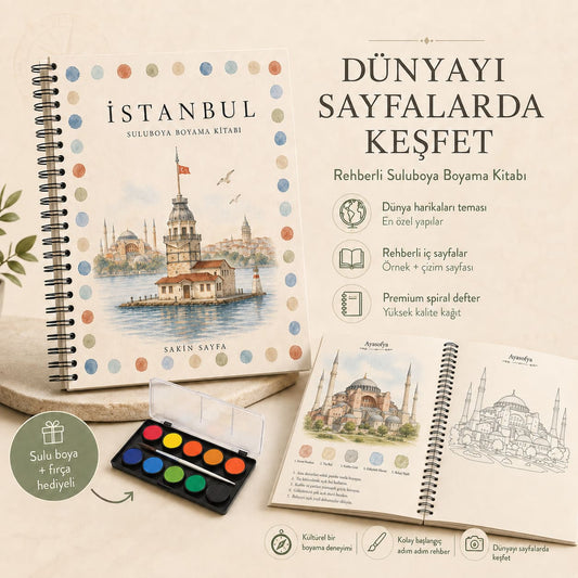 Sakin Sayfa İstanbul temalı rehberli sulu boya boyama kitabı seti
