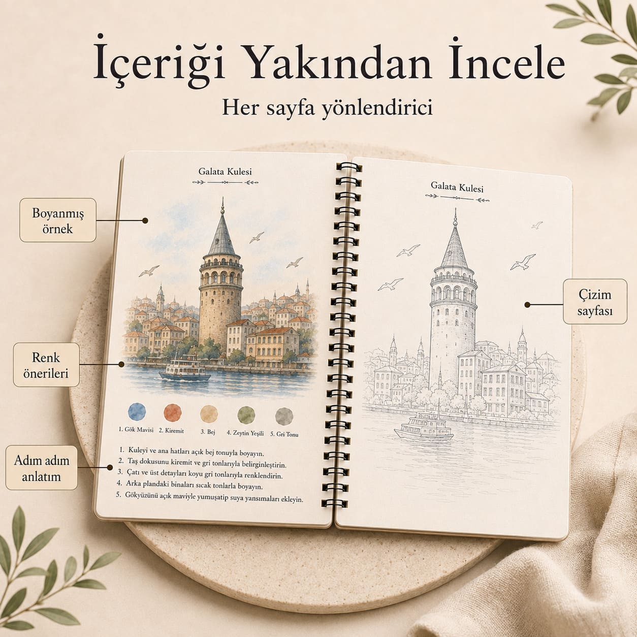 Set içeriği: boyama kitabı, suluboya seti ve fırça