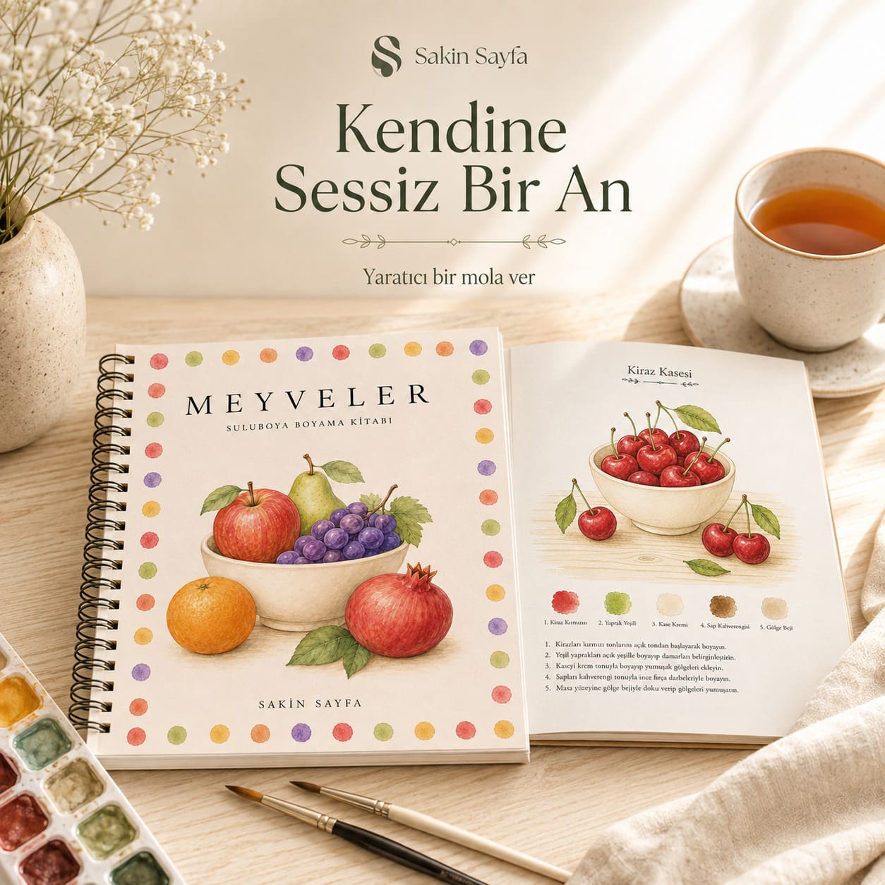 Çiçek Temalı Rehberli Sulu Boya Boyama Kitabı