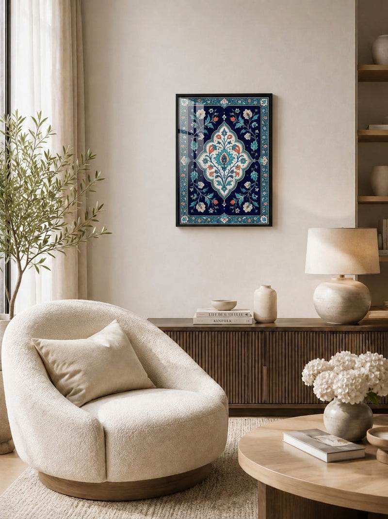 Lacivert Osmanlı Çini Motifli Çerçeveli Duvar Tablosu