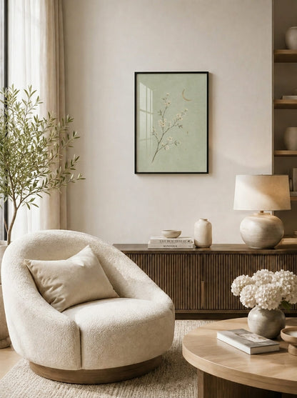 Minimalist Hilal ve Yeşil Dal Duvar Tablosu - 1