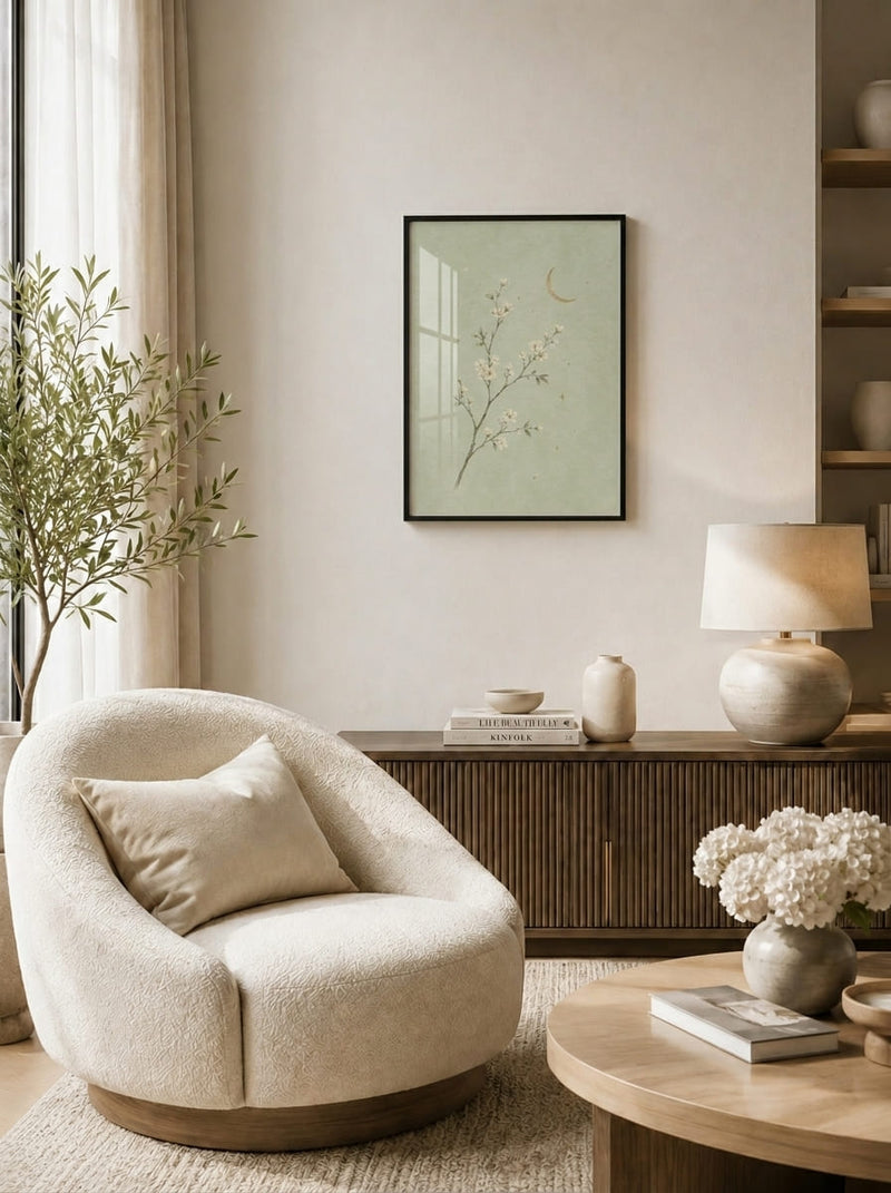 Minimalist Hilal ve Yeşil Dal Duvar Tablosu