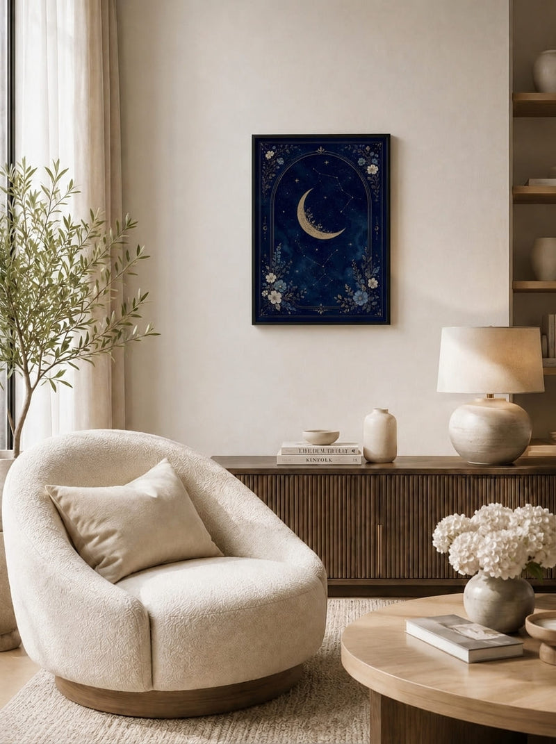Yıldızlı Gece Gökyüzü Hilal Ay Duvar Tablosu