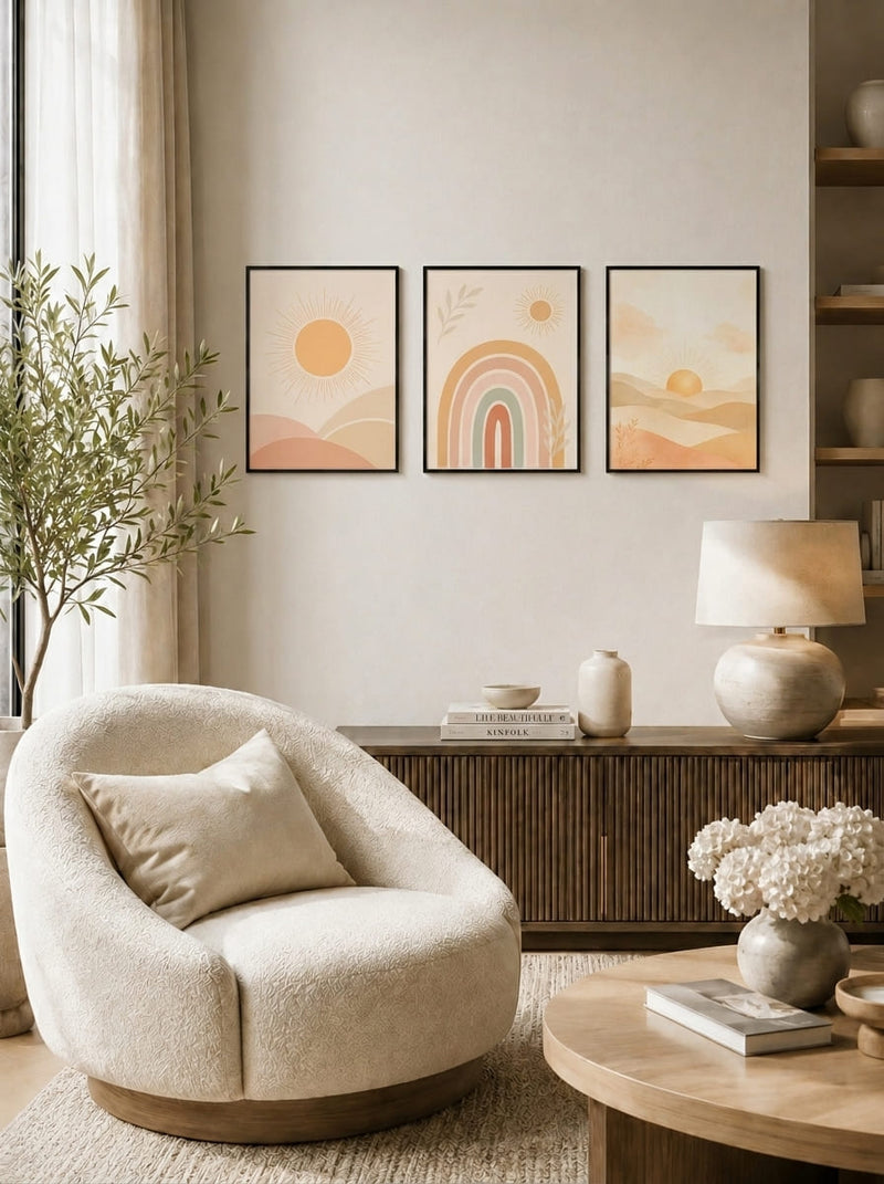 Güneş Gökkuşağı ve Çöl Manzaralı Üçlü Set Duvar Tablosu