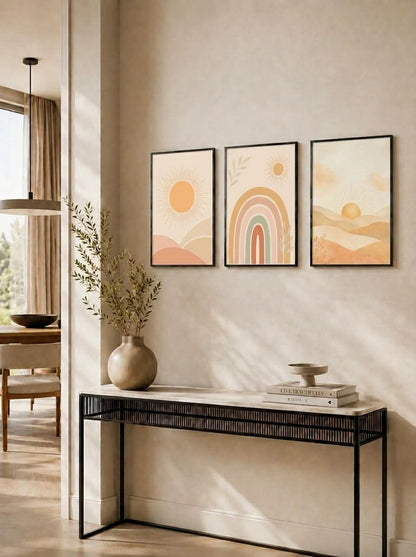 Güneş Gökkuşağı ve Çöl Manzaralı Üçlü Set Duvar Tablosu - 4