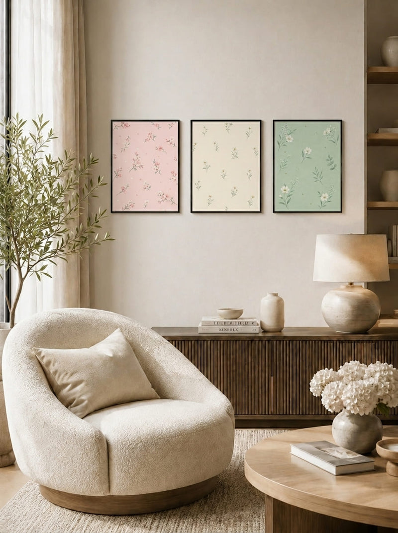 Pastel Çiçek Motifli Üçlü Set Duvar Tablosu