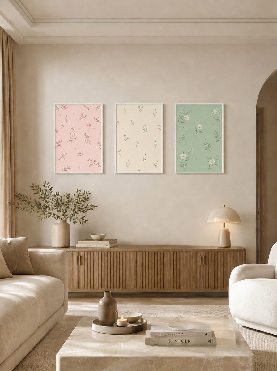Pastel Çiçek Motifli Üçlü Set Duvar Tablosu - 2