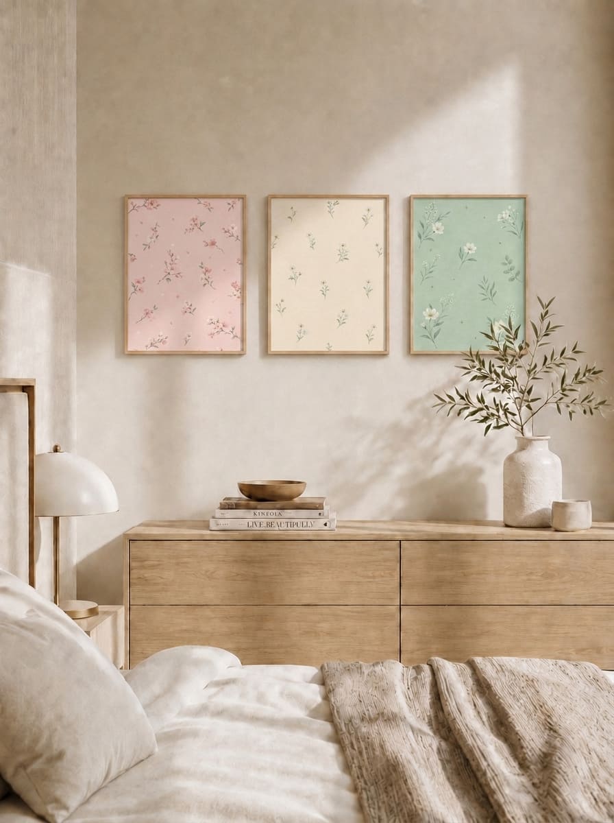 Pastel Çiçek Motifli Üçlü Set Duvar Tablosu - 3