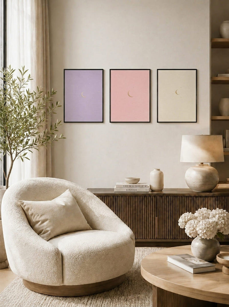 Minimalist Ay Fazları Üçlü Set Duvar Tablosu